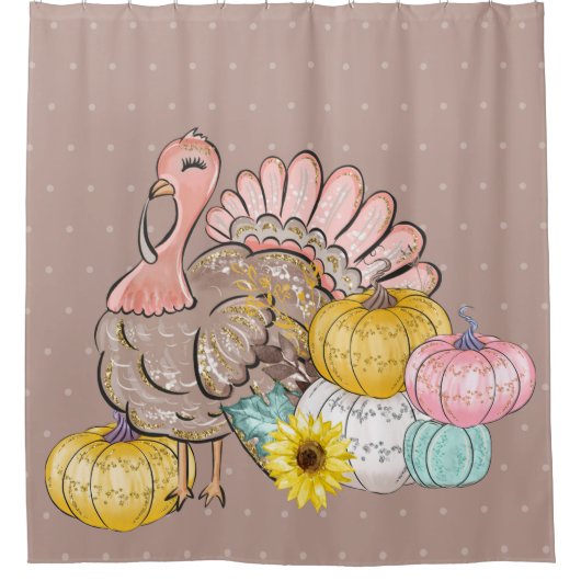 感謝祭ディナーパーティーターキーパンプキンピンクタン シャワーカーテン (正面)