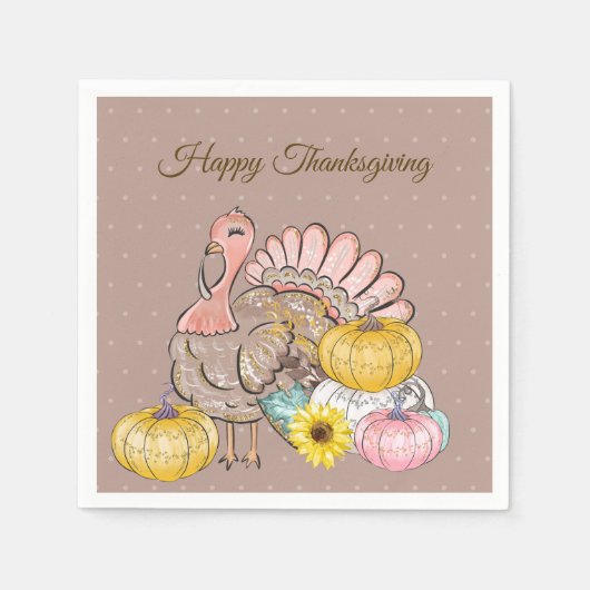 感謝祭ディナーパーティーターキーパンプキンピンクタン スタンダードカクテルナプキン (正面)