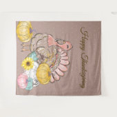 感謝祭ディナーパーティーターキーパンプキンピンクタン タペストリー (正面(横))