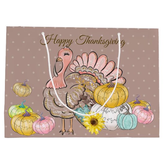 感謝祭ディナーパーティーターキーパンプキンピンクタン ラージペーパーバッグ (裏面)