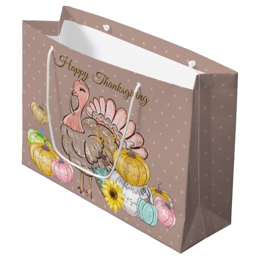 感謝祭ディナーパーティーターキーパンプキンピンクタン ラージペーパーバッグ (正面アングル)
