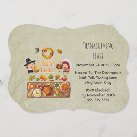 感謝祭ディナーパーティー – ピルグリムイラストレーション 招待状 (正面/裏面)