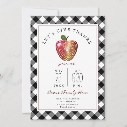 感謝祭ディナーフォークアートアップルプレイド 招待状 (正面)