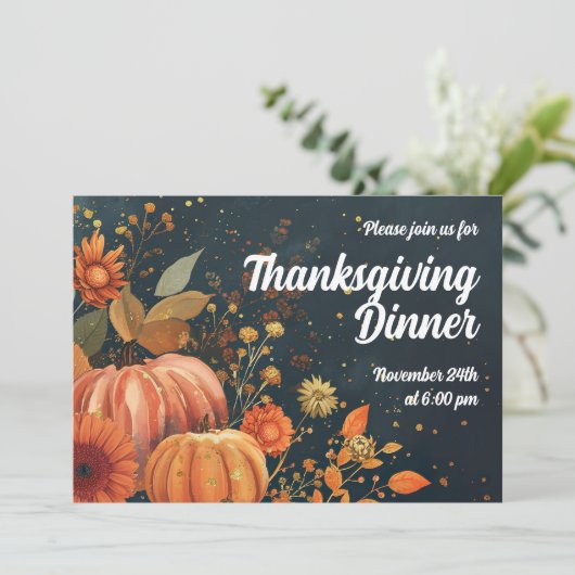 感謝祭ディナー招待状ウォーターカラーパンプキンス 招待状 (スタンド正面)
