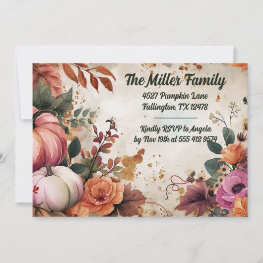 感謝祭ディナー招待状ウォーターカラーパンプキンス 招待状 (裏面)