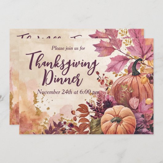 感謝祭ディナー招待状ウォーターカラーパンプキンス 招待状 (正面/裏面)
