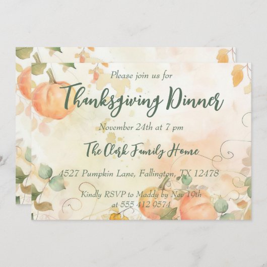 感謝祭ディナー招待状ウォーターカラーパンプキン 招待状 (正面/裏面)