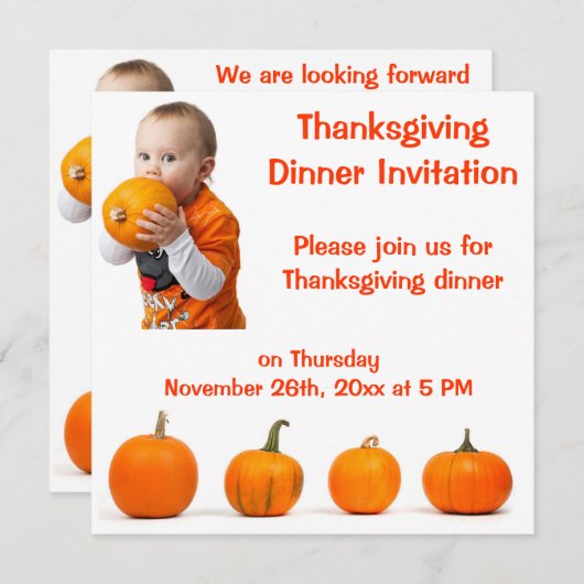 感謝祭ディナー招待状ベビーとカボチャ 招待状 (正面/裏面)