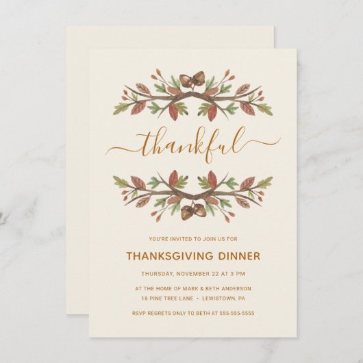 感謝祭ディナー招待状感謝の気持ちを込めた秋 招待状 (正面/裏面)