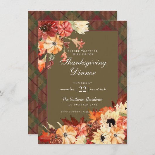 感謝祭ディナー秋の葉カボチャタータンチェック 招待状 (正面/裏面)