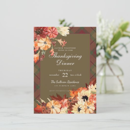 感謝祭ディナー秋の葉カボチャタータンチェック 招待状 (スタンド正面)