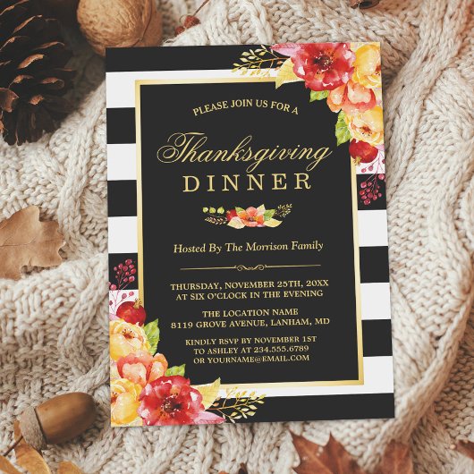 感謝祭ディナー秋金ゴールド赤フローラ 招待状