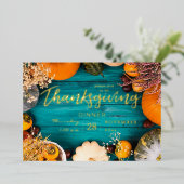 感謝祭ディナー饗宴ブルーパンプキン 箔招待状 (立ち正面)