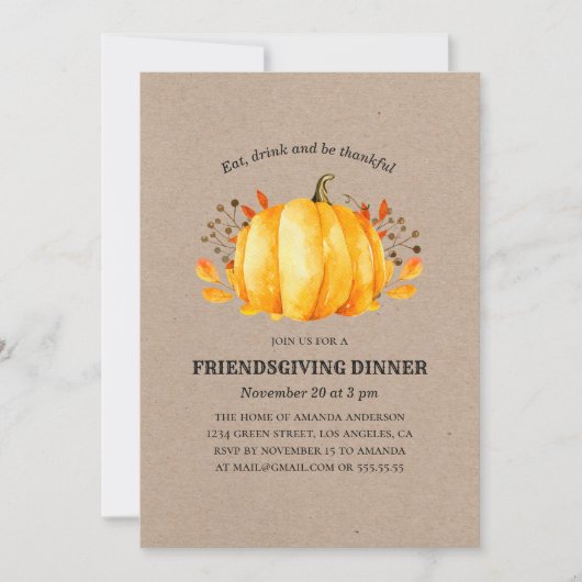 感謝祭ディナー。フレンドリーな素朴なカボチャ 招待状 (正面)