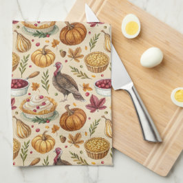 感謝祭トルコとカボチャの収穫パターン キッチンタオル