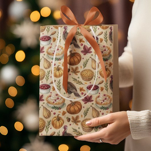 感謝祭トルコとカボチャの収穫パターン ミディアムペーパーバッグ