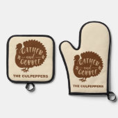 感謝祭トルコ名前をカスタムするギャザーとゴブル 鍋つかみ&鍋敷きセット (正面)