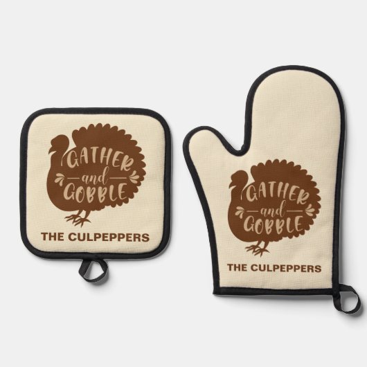 感謝祭トルコ名前をカスタムするギャザーとゴブル 鍋つかみ&鍋敷きセット (正面)