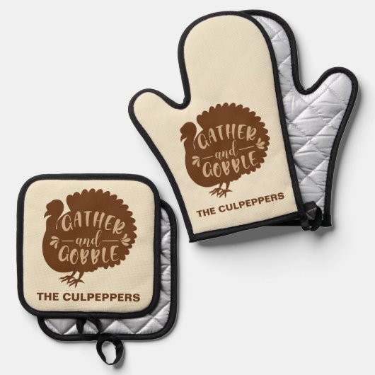 感謝祭トルコ名前をカスタムするギャザーとゴブル 鍋つかみ&鍋敷きセット (正面/裏面)