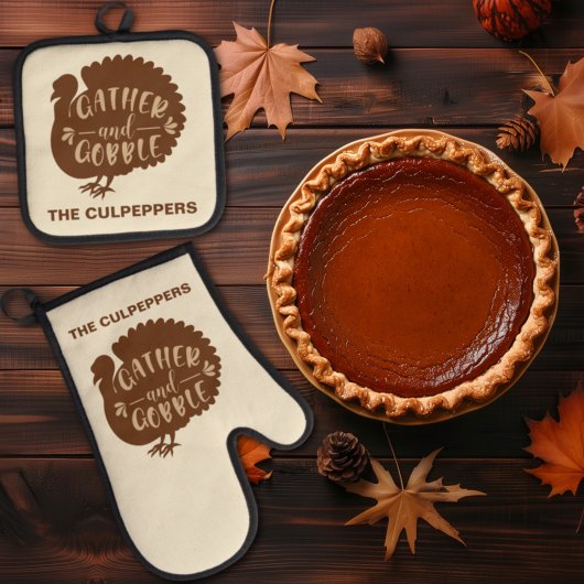 感謝祭トルコ名前をカスタムするギャザーとゴブル 鍋つかみ&鍋敷きセット