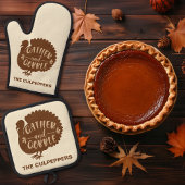 感謝祭トルコ名前をカスタムするギャザーとゴブル 鍋つかみ&鍋敷きセット