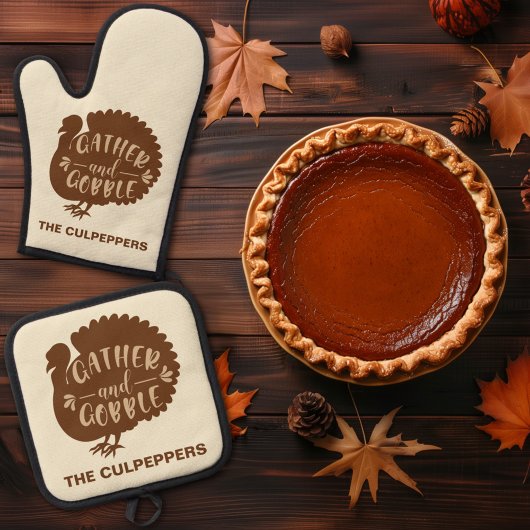 感謝祭トルコ名前をカスタムするギャザーとゴブル 鍋つかみ&鍋敷きセット