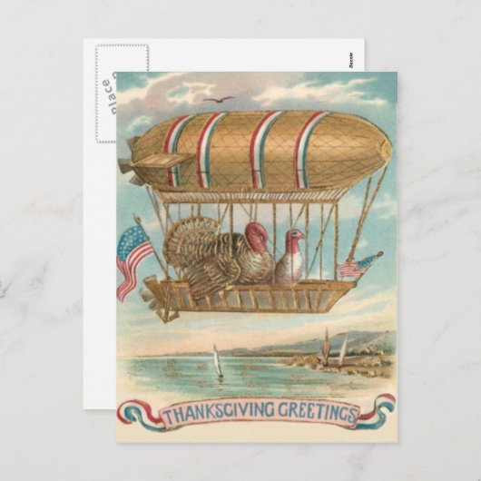 感謝祭トルコ熱気球アメリカ国旗 シーズンポストカード (正面/裏面)