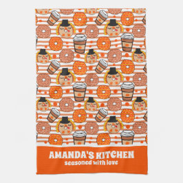 感謝祭ドーナツとコーヒー秋オレンジストライプ色 キッチンタオル
