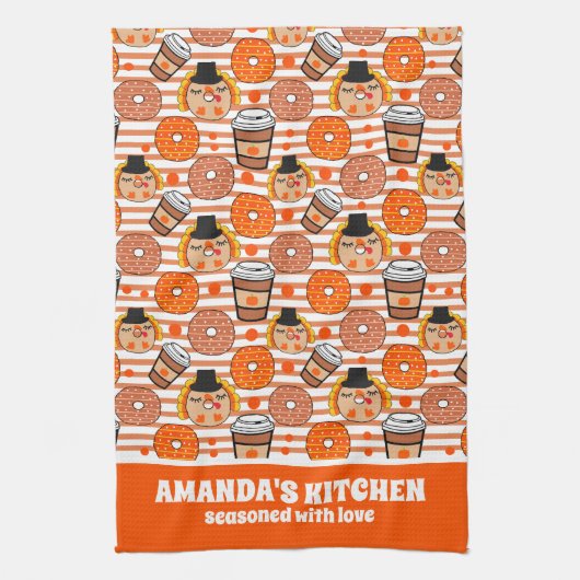 感謝祭ドーナツとコーヒー秋オレンジストライプ色 キッチンタオル (縦)