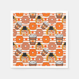 感謝祭ドーナツとコーヒー秋オレンジストライプ色 スタンダードカクテルナプキン