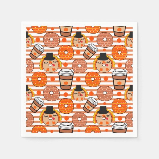 感謝祭ドーナツとコーヒー秋オレンジストライプ色 スタンダードカクテルナプキン (正面)