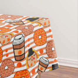 感謝祭ドーナツとコーヒー秋オレンジストライプ色 テーブルクロス