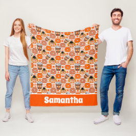 感謝祭ドーナツとコーヒー秋オレンジストライプ色 フリースブランケット