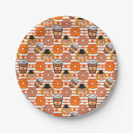 感謝祭ドーナツとコーヒー秋オレンジストライプ色 ペーパープレート