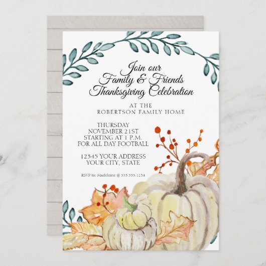 感謝祭パーティー素朴秋リーフnウッドパンプキン 招待状 (正面/裏面)
