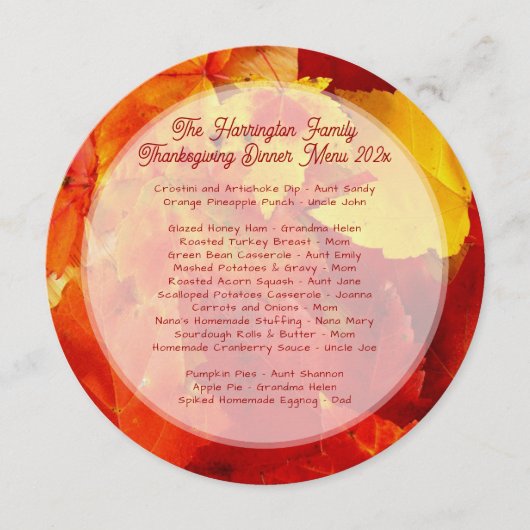 感謝祭ファミリーディナー赤葉いメニュー 招待状 (正面)