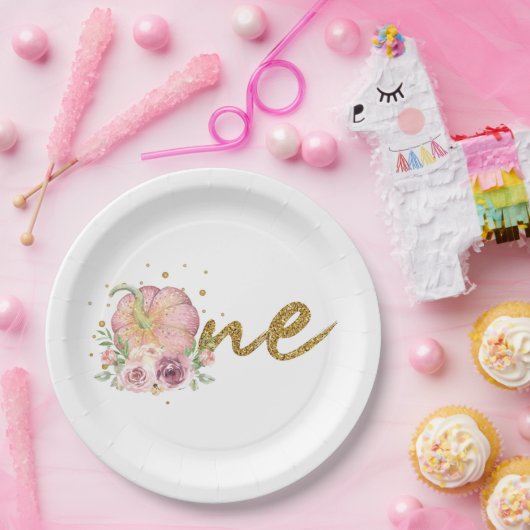 感謝祭ファースト誕生日パンプキンピンク金ゴールド ペーパープレート (パーティー)