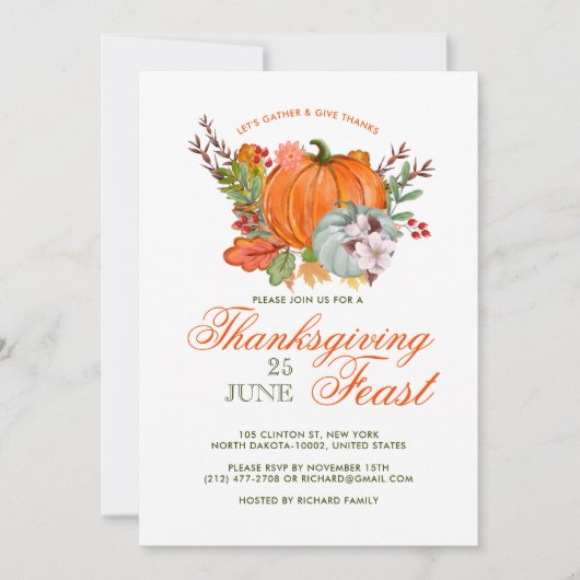 感謝祭フェストディナーパンプキ素朴ン 招待状 (正面)