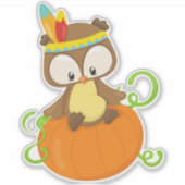 感謝祭フクロウ、茶色のフクロウ、羽、かぼちゃ シール (正面)