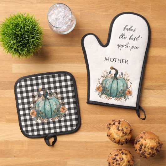 感謝祭ブルーパンプキ素朴ン 鍋つかみ&鍋敷きセット (トップダウン)