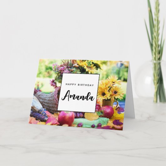 感謝祭ホリデーオータムハーベストテーブル誕生日 カード (正面)