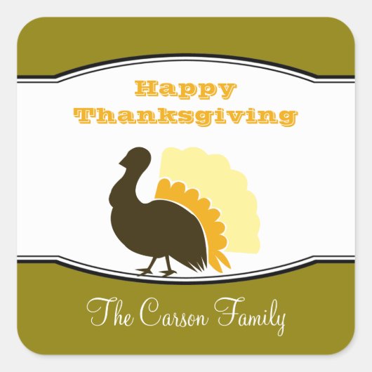 感謝祭ポットラックオレンジ色の緑の七面鳥の日ラベル スクエアシール (正面)