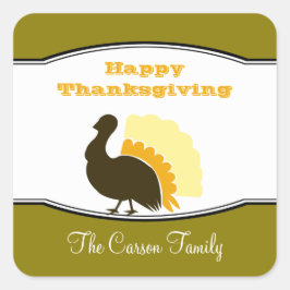 感謝祭ポットラックオレンジ色の緑の七面鳥の日ラベル スクエアシール