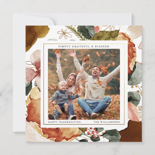 感謝祭モダンのフローラエレガント写真グリーティング シーズンカード (正面)