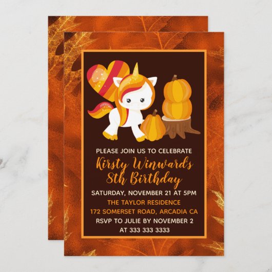 感謝祭ユニコーンパンプキン誕生日 招待状 (正面/裏面)