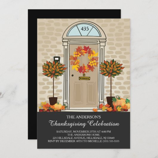 感謝祭ユニークお祝いディナーパーティー 招待状 (正面/裏面)