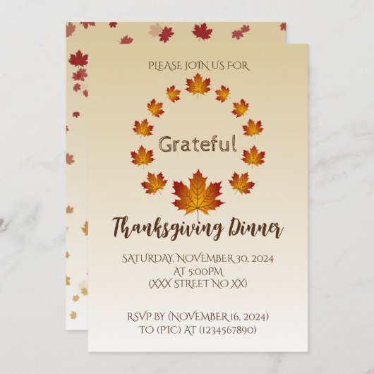 感謝祭リース感謝シンプルメープル離れズ 招待状 (正面/裏面)