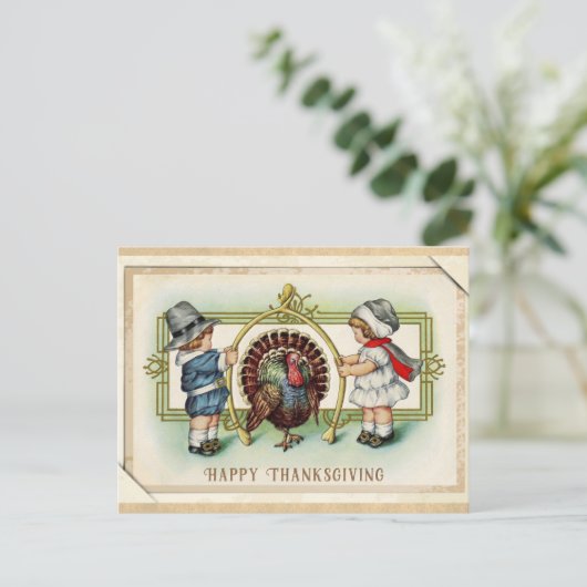 感謝祭ヴィンテージかわいいキッズターキーウィッシュボーン ポストカード (スタンド正面)