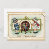 感謝祭ヴィンテージかわいいキッズターキーウィッシュボーン ポストカード (正面/裏面)