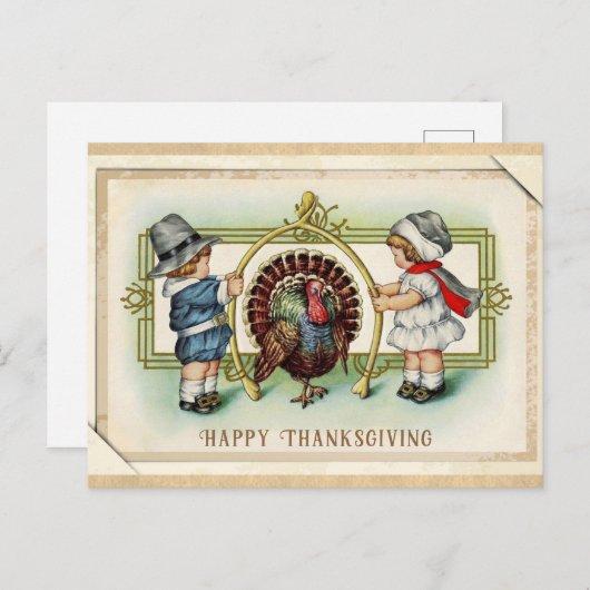 感謝祭ヴィンテージかわいいキッズターキーウィッシュボーン ポストカード (正面/裏面)